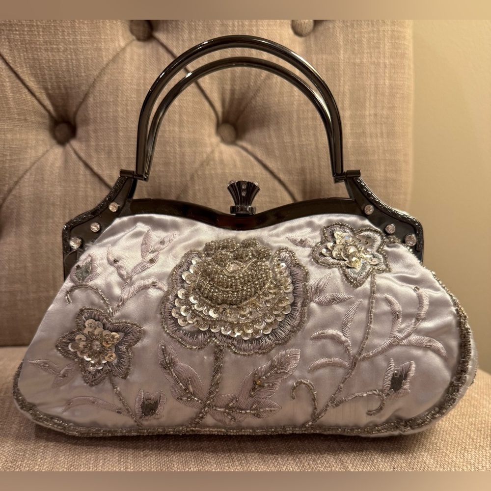 Vintage Satin Embroidery Floral Beading Handmade Clasp Handbag Victorian Style